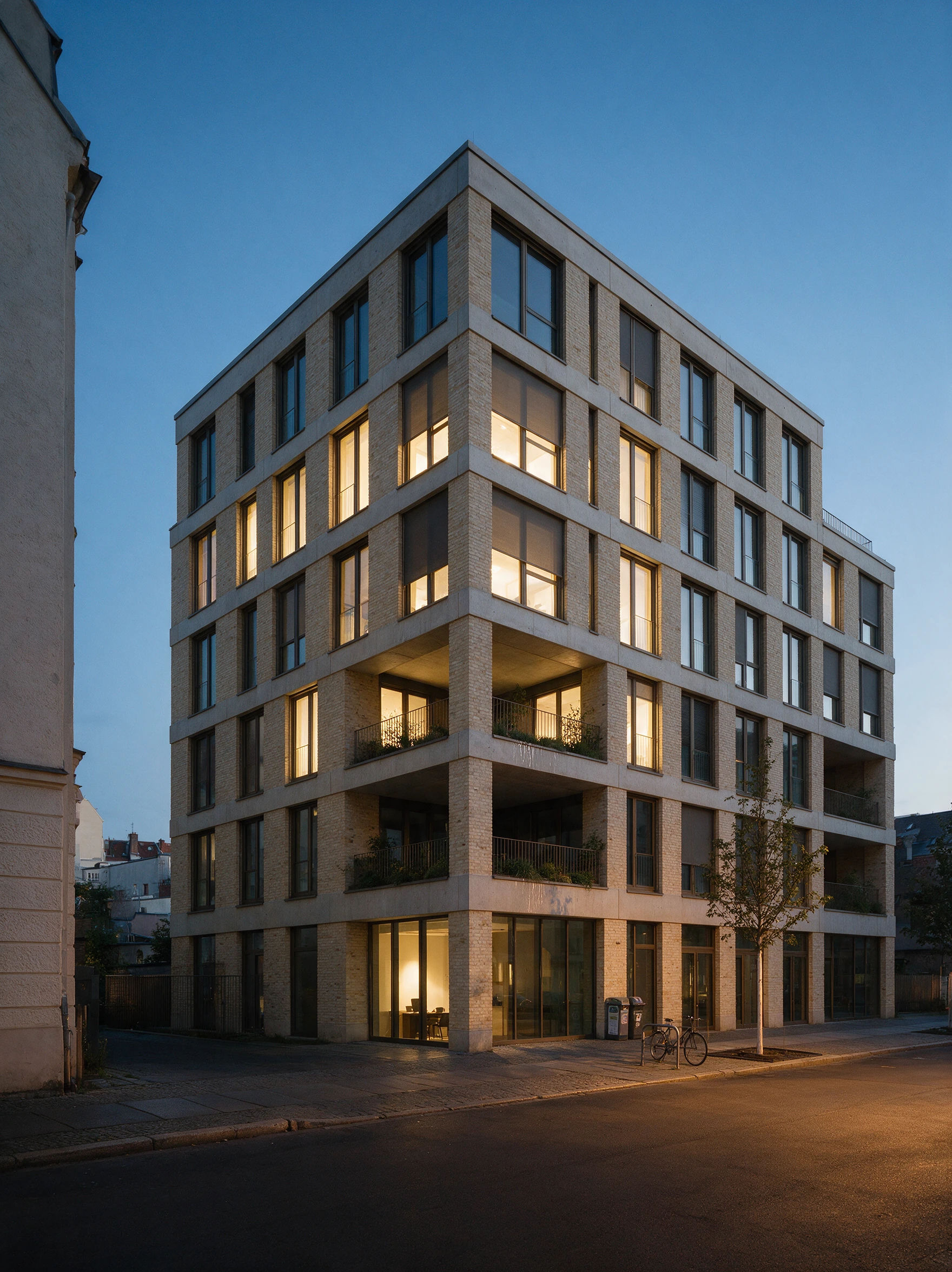 Modernes Geschäftshaus an einer Straßenecke zur blauen Stunde, einzelne erleuchtete Büroetagen
