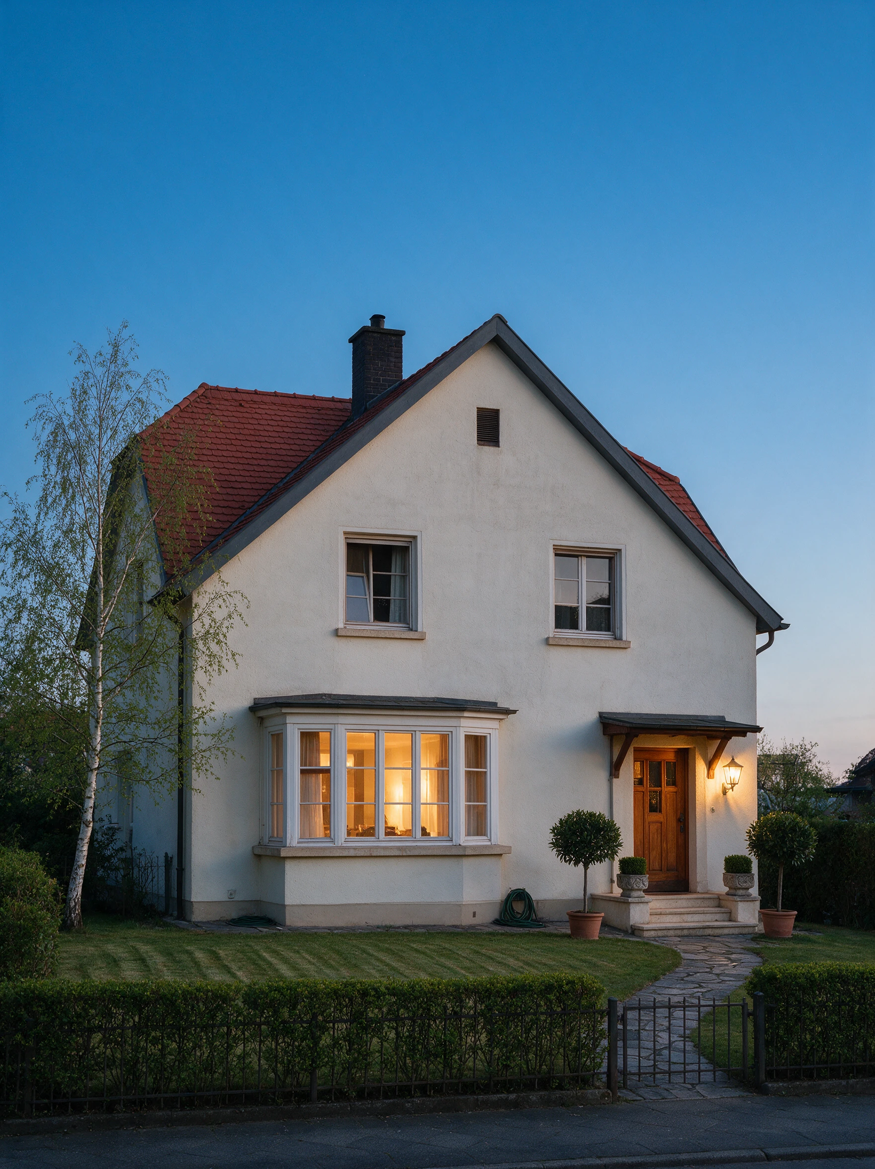 Freistehendes Wohnhaus zur blauen Stunde, warm erleuchteter Erker und Vorgarten