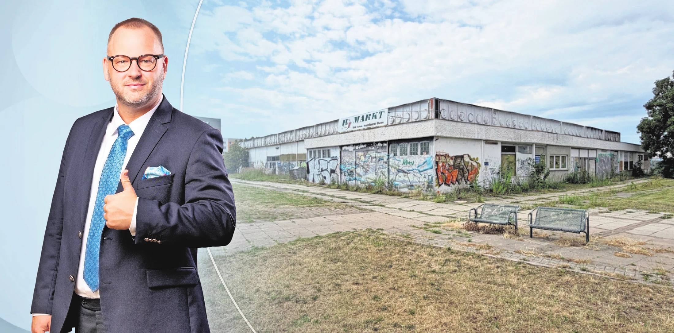 Zeitungs-Aufmacher der LVZ: Thomas C. Schmid freigestellt vor dem leerstehenden HT-Markt in Delitzsch