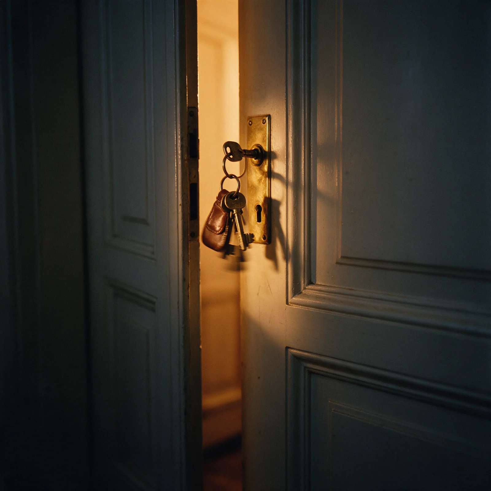 Schlüsselbund im Schloss einer angelehnten Altbau-Wohnungstür, warmes Licht aus der Wohnung dahinter